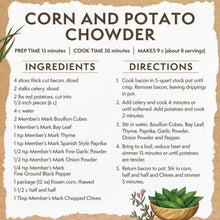 Corn and potato chowder recipe card with ingredients and directions