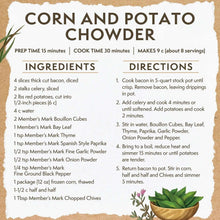 Corn and potato chowder recipe card with cooking steps and bay leaf garnish