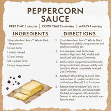 Peppercorn sauce recipe card with ingredients and directions