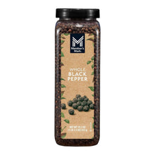 Whole black peppercorns bottle with front label and visible peppercorns inside