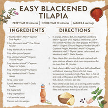 Easy blackened tilapia recipe card with ingredients and directions