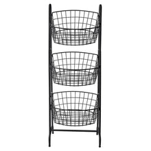 Black metal wire 3-tier stand with three front-facing open baskets