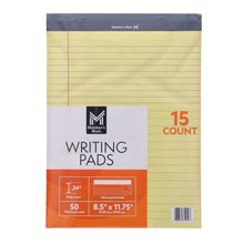 Canary yellow legal writing pads with 15-count label and perforation info
