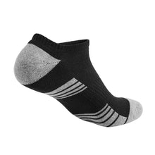 Black no-show athletic sock with gray toe/heel and striped arch design