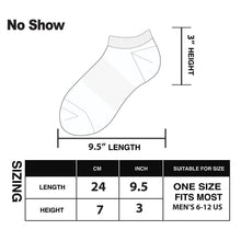 No-show sock size chart diagram with length and height measurements