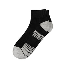 Black quarter athletic sock with gray heel-toe and white striped arch bands