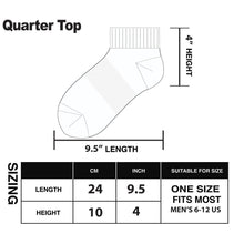 Quarter top sock size chart showing length 9.5 in and height 4 in
