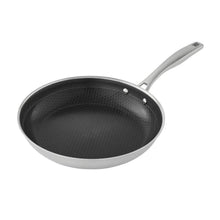 Stainless nonstick frying pan with dark textured interior and long handle