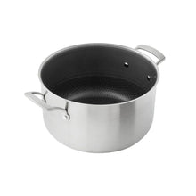 Stainless nonstick stockpot with dark interior and side handles
