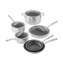 Stainless steel cookware set with dark nonstick interiors and matching lids