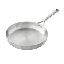 Stainless steel frying pan with long handle and riveted pan body
