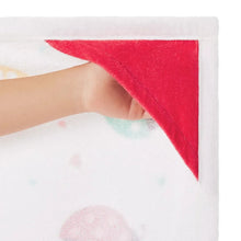Kids' hooded towel with red hood lining and white fabric edge; hand-pac pocket opening