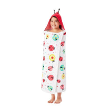 Kids' hooded towel with red hood, ladybug-style print, and hand pockets on white