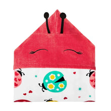 Kids' hooded towel with red hood and ladybug-style face print, black ear details