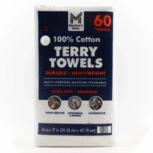 Packaged cotton terry towels, white, 14 x 17 in, 60-count.