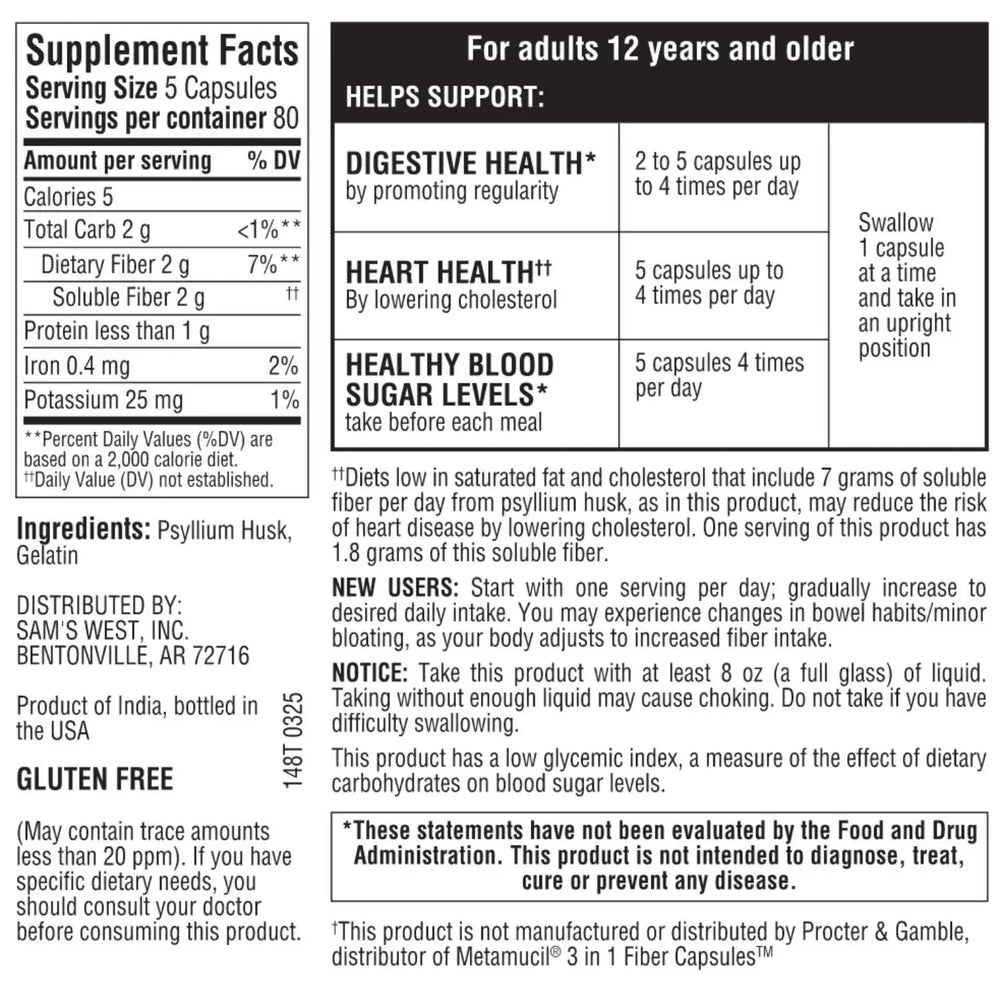 Member's Mark 100% Psyllium Husk Fiber Capsules, 800 ct. - USA MEGA SHOP
