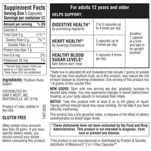 Psyllium fiber supplement capsules back label with supplement facts, ingredients, and directions