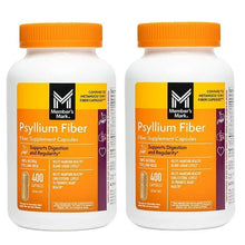 Psyllium fiber supplement capsules bottles with orange screw caps, front labels