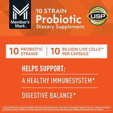 Probiotic dietary supplement label: 10 strains, 10 billion live cells per capsule