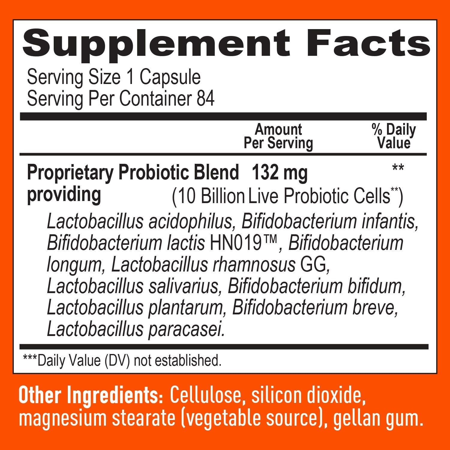 Supplement facts panel for probiotic capsules, 1 capsule serving, 84 per container