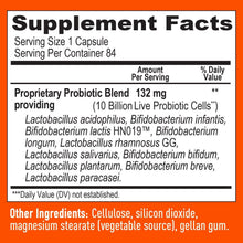Supplement facts panel for probiotic capsules, 1 capsule serving, 84 per container