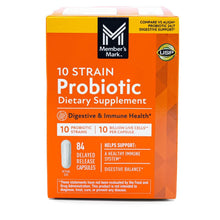 Probiotic dietary supplement box, orange and white, 10 strain, 84 capsules