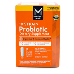Probiotic dietary supplement box, orange and white, 10 strain, 84 capsules