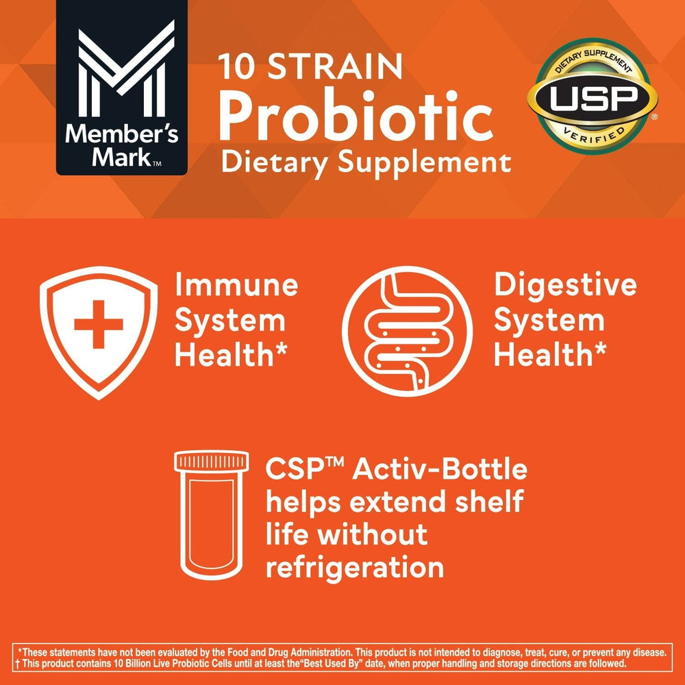 Probiotic label icons: immune system health, digestive system health, CSP activ-bottle