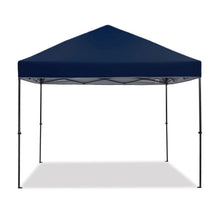 Blue instant canopy tent with peaked roof and black support legs