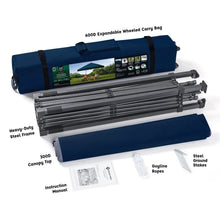Instant canopy kit with blue top cover, steel frame, ground stakes, and guide ropes