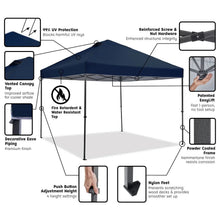 Blue instant canopy tent with side walls and black frame, shown with feature callouts