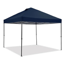 Blue instant canopy tent with peaked roof and four black support legs