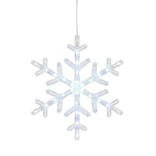 Hanging LED snowflake light decoration with translucent white icy design