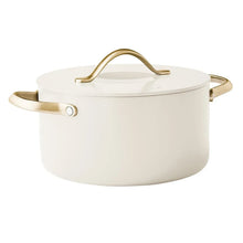 Cream ceramic pot with lid and side handles, matching gold-tone hardware