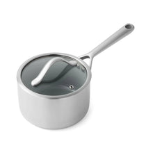 Stainless steel saucepan with dark lid and side handle, ceramic-coated interior