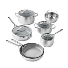 Stainless steel cookware set with dark lids and steamer insert, matching handles