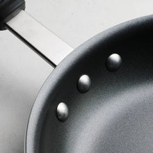 Dark nonstick fry pan interior edge with three rivets at the handle mount