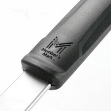 Black fry pan handle with embossed logo, riveted to steel neck