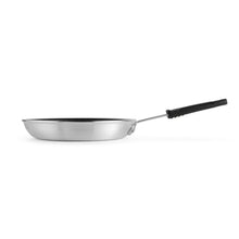 Nonstick aluminum fry pan with black handle, shown in side view