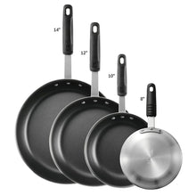 Nonstick aluminum fry pans with long handles and stainless lids, 8–14 in