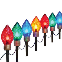 Pathway LED light string with multicolor teardrop bulbs and black stakes