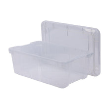 Clear plastic storage container with snap lid, rectangular, side view with one lid raised