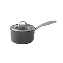 Small nonstick pot with lid and steam vent, dark gray aluminum and stainless handle