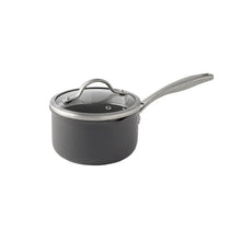 Small nonstick pot with glass lid, dark gray body and stainless handle