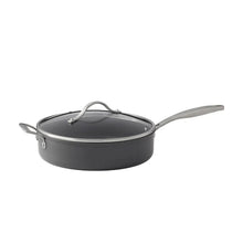 Hard anodized nonstick pot with lid, dark gray body and side handle