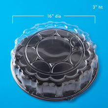 Black 16-inch round catering tray with clear domed lid and molded compartments