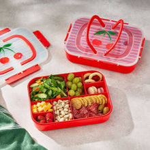 Red Snackle lunch box with compartments and assorted snacks, 2-piece set