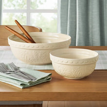 Ceramic prep and serve bowls set in cream, with embossed floral pattern and scalloped rim