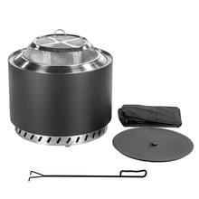 Black smokeless wood fire pit with mesh spark screen, cover, and lid