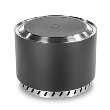 Black smokeless wood fire pit with flat metal lid on top